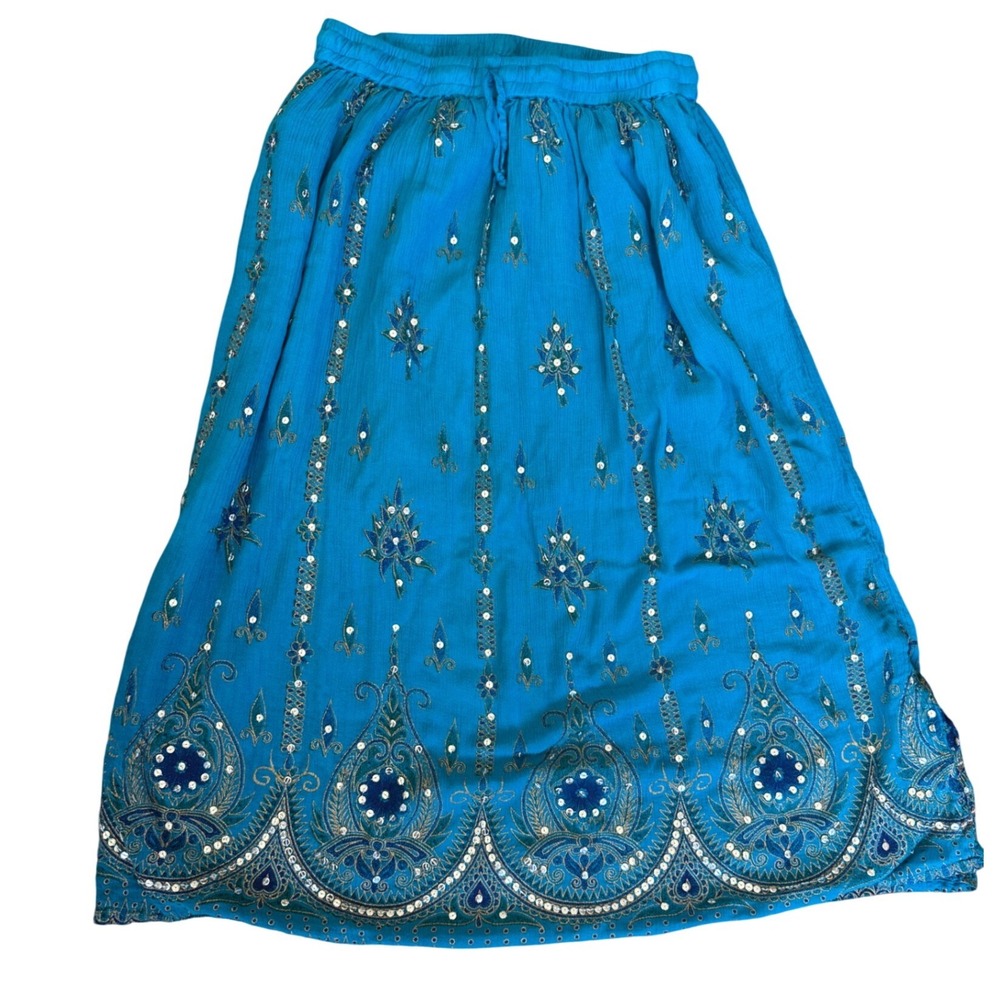 Cassee Womens XL Turquoise Blue Embroidered Sequin Rayon‎ Maxi Skirt Boho India